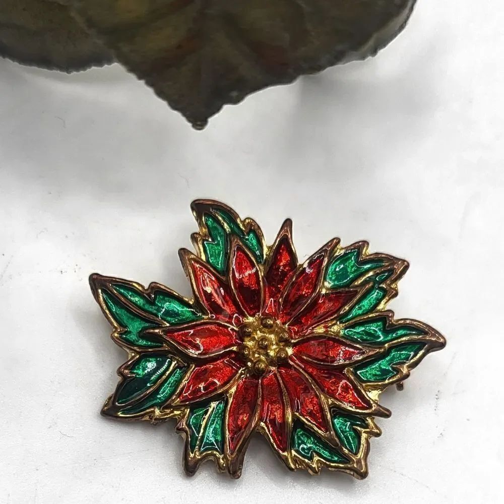 "5/$40" Vintage Red and Green Enamel Christmas Poinsettia Brooch